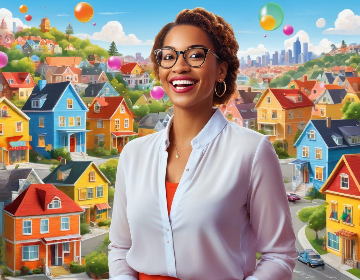 A dynamic scene featuring a friendly real estate expert joyfully engaging with clients of diverse backgrounds, surrounded by colorful property listings and playful graphics of houses. Laughter is depicted through vibrant cartoon-like bubbles and emojis floating around, symbolizing happiness and success in real estate. The background is a sunny cityscape with buildings showcasing various architectural styles. bright colors. cartoon style. upbeat and vibrant atmosphere.