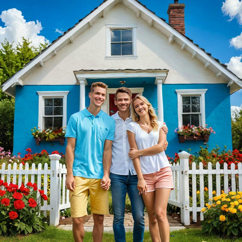 A cheerful young couple standing in front of a charming house with a 'For Sale' sign, holding hands and smiling. Surround them with vibrant greenery and colorful flowers to symbolize a hopeful future. Include a bright blue sky in the background with fluffy clouds. Add subtle hints of financial elements like keys and dollar signs scattered playfully around the scene. vibrant colors. super-realistic.