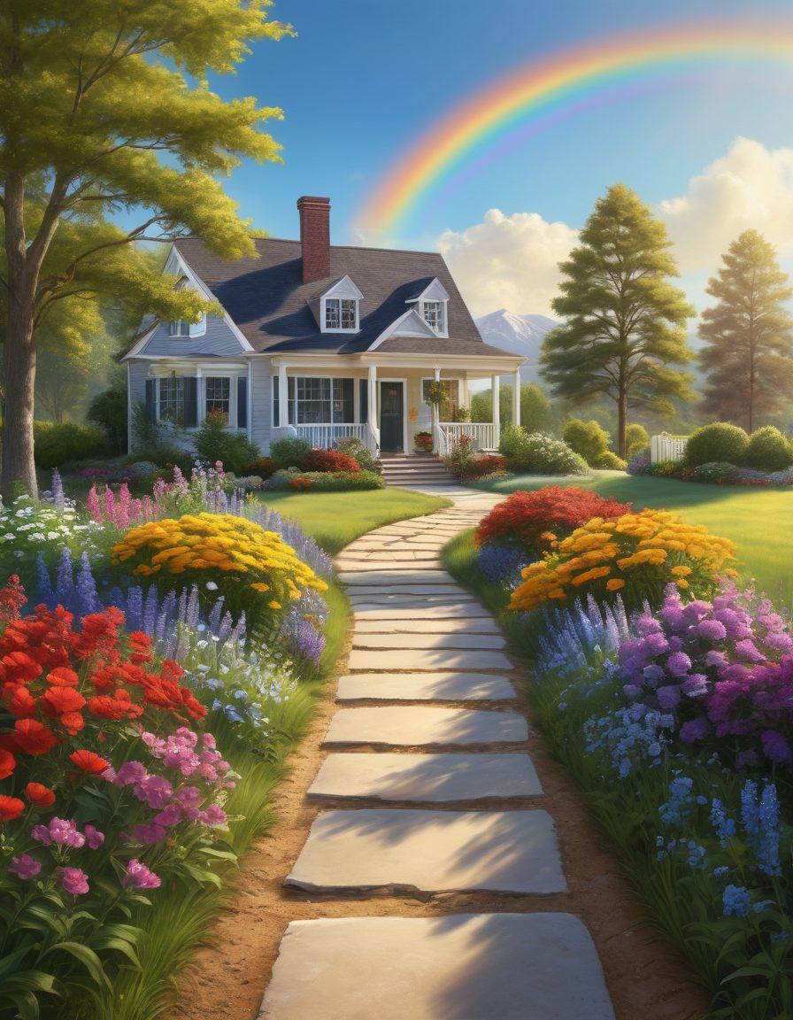 A serene landscape with a sunlit path leading to a welcoming home, symbolizing joy and the journey of finding happiness in real estate. Include vibrant flowers along the path and blue skies above, with a family happily exploring the area. Add a subtle rainbow in the background to represent hope and positivity. super-realistic. vibrant colors. peaceful atmosphere.